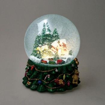 Schneekugel Spieluhr 150 mm mit beleuchtetem Winterdorf, Tannenbaum und Eisenbahn – 2 Einstellungen, Schneezauber, 8 Weihnachtsmelodien, batteriebetrieben