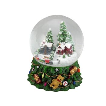 Schneekugel Spieluhr 150 mm mit beleuchtetem Winterdorf, Tannenbaum und Eisenbahn