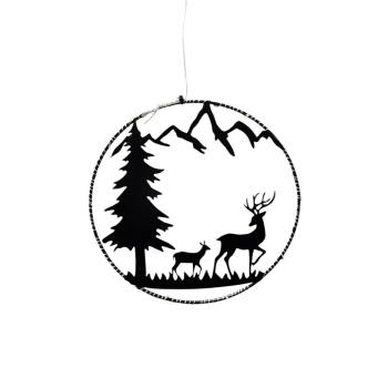 Beleuchteter Dekoring 18 cm aus Metall – Schwarz mit Berglandschaft, Tannenbaum & Rehen