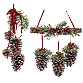 FORMANO Hängedekoration Fensterdeko Hänger – Zapfen natur-rot, 55 cm (Hängedeko, 1 Stück), mit Glitzerschnee