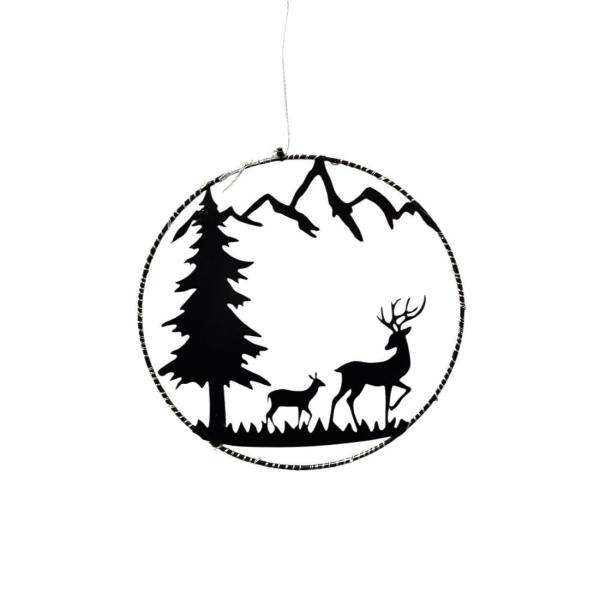 Beleuchteter Dekoring 18 cm aus Metall – Schwarz mit Berglandschaft, Tannenbaum & Rehen
