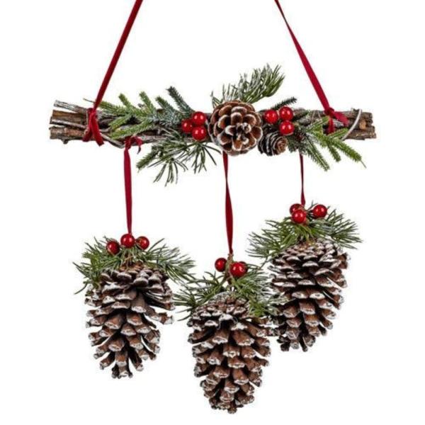 FORMANO Hängedekoration Fensterdeko Hänger – Zapfen natur-rot, 55 cm (Hängedeko, 1 Stück), mit Glitzerschnee
