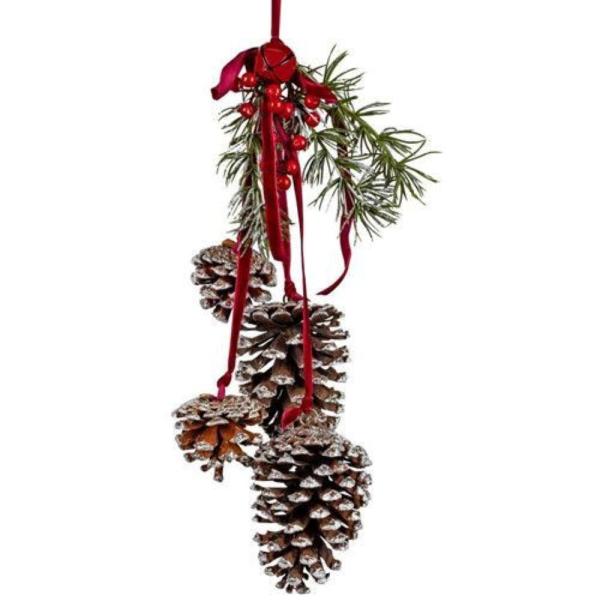 FORMANO Hängedekoration Fensterdeko Hänger – Zapfen natur-rot, 55 cm (Hängedeko, 1 Stück), mit Glitzerschnee