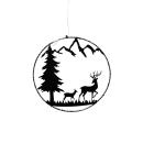 Beleuchteter Dekoring 18 cm aus Metall – Schwarz mit Berglandschaft, Tannenbaum & Rehen